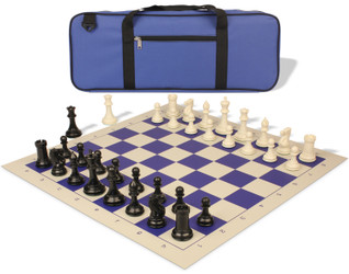Image of ID 1235535916 Conqueror Deluxe Carry-All Plastic Chess Set Black & Ivory Pieces with Rollup Board - Blue