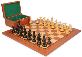 Image of ID 1235708581 New Exclusive Staunton Chess Set Ebonized & Boxwood Pieces with Classic Mahogany Board & Box  - 4" King