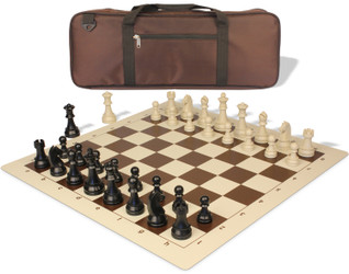 Image of ID 1235761244 German Knight Deluxe Carry-All Plastic Chess Set Black & Aged Ivory Pieces with Roll-up Vinyl Board & Bag - Brown