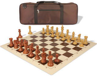 Image of ID 1235761245 Professional Deluxe Carry-All Plastic Chess Set Wood Grain Pieces with Vinyl Roll-up Board & Bag - Brown
