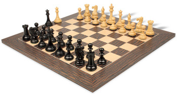 Image of ID 1236186959 New Exclusive Staunton Chess Set Ebony & Boxwood Pieces with Deluxe Tiger Ebony & Maple Board - 4" King