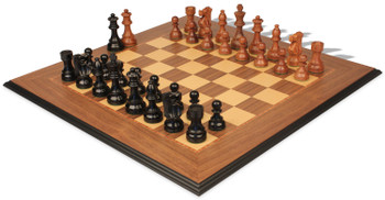 Image of ID 1237400146 French Lardy Staunton Chess Set Ebonized & Acacia Pieces with Molded Walnut Chess Board - 375" King