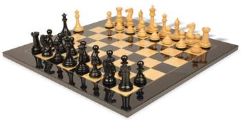 Image of ID 1237400173 New Exclusive Staunton Chess Set Ebonized & Boxwood Pieces with Black & Ash Burl Board - 35" King