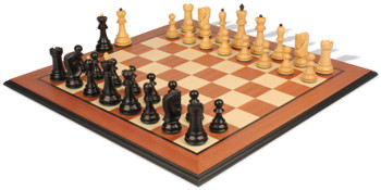 Image of ID 1238185034 Zagreb Series Chess Set Ebonized & Boxwood Pieces with Mahogany & Maple Molded Edge Board - 3875" King