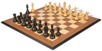 Image of ID 1241099354 British Staunton Chess Set Ebonized & Boxwood Pieces with Walnut & Maple Molded Edge Board - 4" King