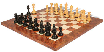 Image of ID 1243005419 Marengo Staunton Chess Set in Ebony & Boxwood with Elm Burl & Erable Chess Board