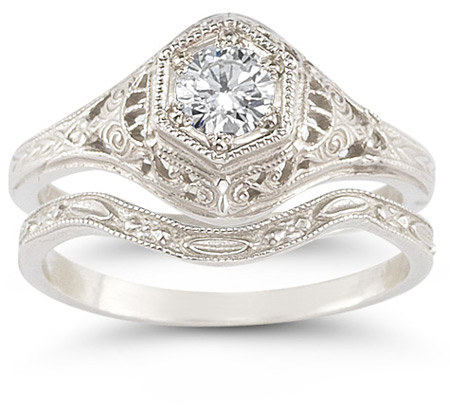 Image of ID 1247849977 Antique-Style 1/3 Carat Diamond Bridal Engagement Ring Set