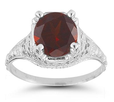 Image of ID 1247851400 Antique-Style Floral Garnet Ring in 14K White Gold