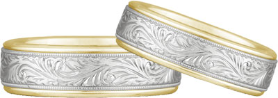 Image of ID 1247851712 Engraved Paisley Wedding Band Set 14K Two Tone Gold