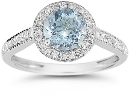 Image of ID 1247852156 Modern Halo Aquamarine Diamond Ring in 14K White Gold