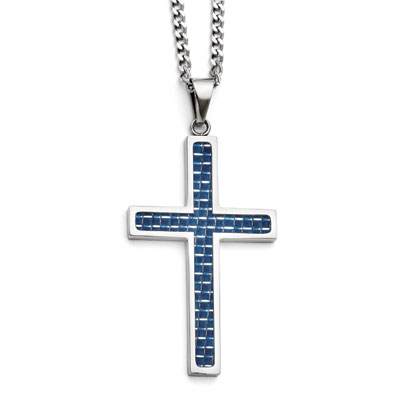 Image of ID 1247852394 Blue Carbon Fiber Cross Necklace in Stainless Steel