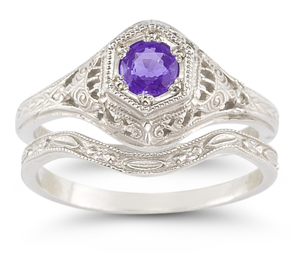 Image of ID 1247853986 Antique-Style Amethyst Bridal Wedding Ring Set