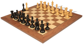 Image of ID 1250104462 New Exclusive Staunton Chess Set Ebonized & Boxwood Pieces with Walnut & Maple Deluxe Board - 4" King