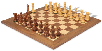 Image of ID 1250104487 New Exclusive Staunton Chess Set Golden Rosewood & Boxwood Pieces with Walnut & Maple Deluxe Board - 35" King