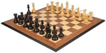 Image of ID 1252283751 New Exclusive Staunton Chess Set Ebonized & Boxwood Pieces with Walnut & Maple Molded Board - 3" King