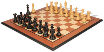 Image of ID 1252283752 New Exclusive Staunton Chess Set Ebonized & Boxwood Pieces with Mahogany & Maple Molded Board - 3" King