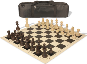Image of ID 1257635384 German Knight Carry-All Plastic Chess Set Wood Grain Pieces with Vinyl Rollup Board - Black