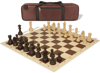 Image of ID 1257635388 German Knight Carry-All Plastic Chess Set Wood Grain Pieces with Vinyl Rollup Board - Brown
