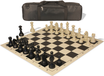 Image of ID 1257806834 German Knight Carry-All Plastic Chess Set Black & Aged Ivory Pieces with Vinyl Rollup Board - Black