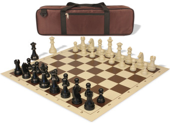 Image of ID 1257806835 German Knight Carry-All Plastic Chess Set Black & Aged Ivory Pieces with Vinyl Rollup Board - Brown