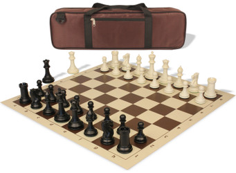 Image of ID 1258087902 Conqueror Carry-All Plastic Chess Set Black & Ivory Pieces with Vinyl Rollup Board - Brown