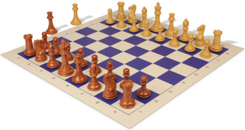 Image of ID 1259016155 Professional Plastic Chess Set Wood Grain Pieces with Vinyl Rollup Board - Blue