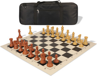 Image of ID 1259397698 Professional Deluxe Carry-All Plastic Chess Set Wood Grain Pieces with Vinyl Roll-up Board & Bag - Black