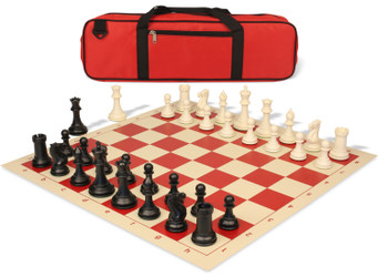 Image of ID 1260562494 Conqueror Carry-All Plastic Chess Set Black & Ivory Pieces with Rollup Board - Red