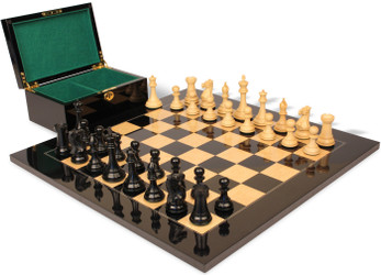 Image of ID 1262117446 New Exclusive Staunton Chess Set Ebonized  & Boxwood Pieces with Black & Ash Burl Board & Box - 3" King