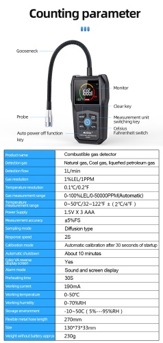 Image of ID 1266860157 MESTEK CGD02A Combustible Gas Detector High Precision Hand-held Gas Leak Tester Monitor VA Reverse Display Sound and Light Alarm 0-50000ppm