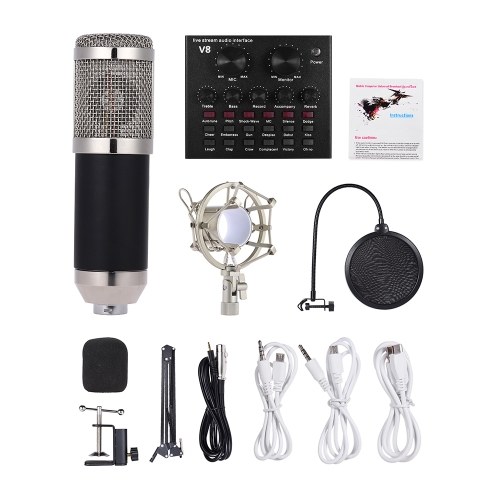 Image of ID 1266868100 External Audio Mixing Sound Card USB Audio Interface with Multiple Sound Effects Built-in Rechargeable Battery +  Professional Studio Broadcasting Recording Condenser Microphone Mic Kit Set
