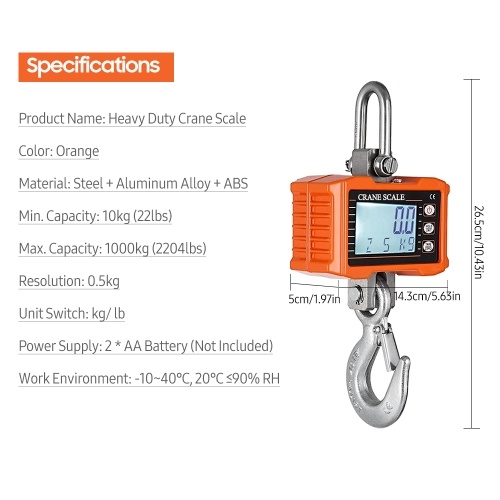 Image of ID 1266878348 Digital Hanging Scale 1000kg/ 2204lbs Portable Heavy Duty Crane Scale LCD Backlight Industrial Hook Scales Unit Change/ Data Hold/ Tare/ Zero for Construction Site Travel Market Fishing Outdoor Work