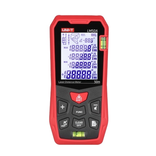 Image of ID 1266881316 UNI-T LM50A Laser Distance Measure Meter 50M with 2 Bubble Levels LCD Backlit Display Pythagorean Mode Measure Distance Area Volume Mute Function 99 Groups Data Storage Carrying Bag