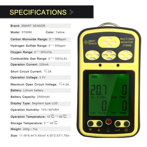 Image of ID 1266883798 SMART SENSOR  ST8990 Multi Gas Monitor Rechargeable 4 in 1 O? LEL CO H?S Gas Detector Tester Sensor with Backlight Alarm Function LCD Display