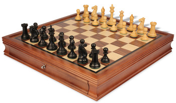 Image of ID 1268081508 New Exclusive Staunton Chess Set Ebonized & Boxwood Pieces with Walnut Chess Case - 35" King