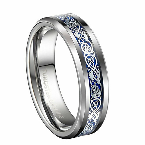 Image of ID 1269469144 Unisex or Women's Wedding Band (7mm) Silver and Blue Resin Inlay Celtic Knot Tungsten Carbide Ring
