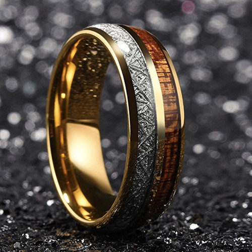 Image of ID 1269469215 Women's or Men's Wedding Tungsten Wedding Band (8mm) Gold Tungsten Band with Wood Inlay and Inspired Meteorite Domed Tungsten Carbide Ring Comfort Fit