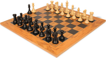 Image of ID 1269758805 New Exclusive Staunton Chess Set Ebonized & Boxwood Pieces with Olive Wood & Black Deluxe Board - 3" King