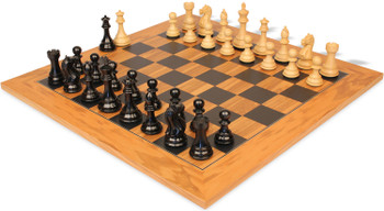 Image of ID 1269758824 Fierce Knight Staunton Chess Set Ebonized & Boxwood Pieces with Olive Wood & Black Deluxe Board - 3" King