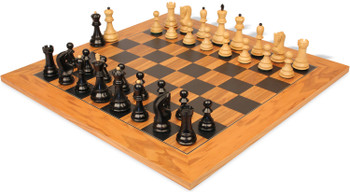 Image of ID 1269758827 Zagreb Series Chess Set Ebonized & Boxwood Pieces with Olive Wood & Black Deluxe Board - 3875" King