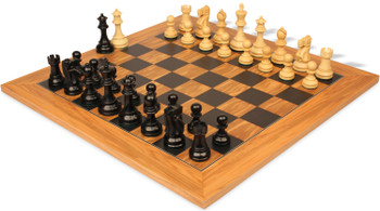 Image of ID 1269900575 Deluxe Old Club Staunton Chess Set Ebonized & Boxwood Pieces with Olive Wood & Black Deluxe Board - 375" King