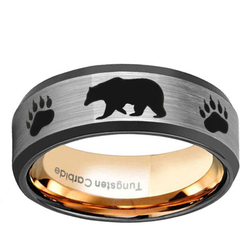Image of ID 1269947380 Gay Bear Men's Bear Crossing and Bear Paw Wedding Band or Bear Pride Ring Silver and Black with Rose Gold LGBTQ Gay Men's Ring