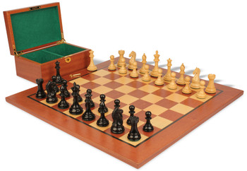 Image of ID 1272437560 Fierce Knight Staunton Chess Set Ebonized & Boxwood Pieces with Classic Mahogany Board & Box - 4" King