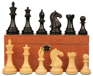 Image of ID 1272437567 Fierce Knight Staunton Chess Set Ebonized & Boxwood Pieces with Mahogany Chess Box - 4" King