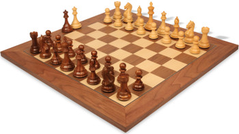 Image of ID 1277856656 Fierce Knight Staunton Chess Set Golden Rosewood & Boxwood Pieces with Walnut & Maple Deluxe Board - 4" King