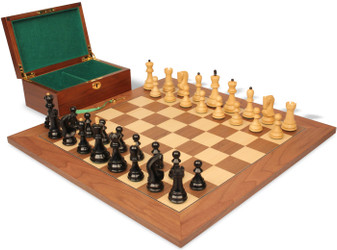 Image of ID 1278069070 Zagreb Series Chess Set Ebonized & Boxwood Pieces with Walnut & Maple Deluxe Board & Box - 3875" King