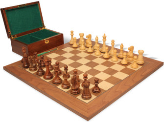 Image of ID 1278754000 New Exclusive Staunton Chess Set Golden Rosewood & Boxwood Pieces with Walnut & Maple Deluxe Board & Box - 35" King