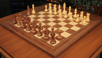 Image of ID 1278754006 British Staunton Chess Set Acacia & Boxwood Pieces with Deluxe Walnut & Maple Board - 4" King