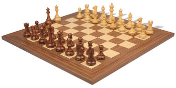 Image of ID 1280028135 British Staunton Chess Set Golden Rosewood & Boxwood Pieces with Walnut & Maple Deluxe Board - 4" King