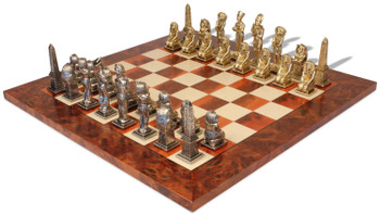 Image of ID 1282106012 Large Egyptian Theme Metal Chess Set with Elm Burl Chess Board
